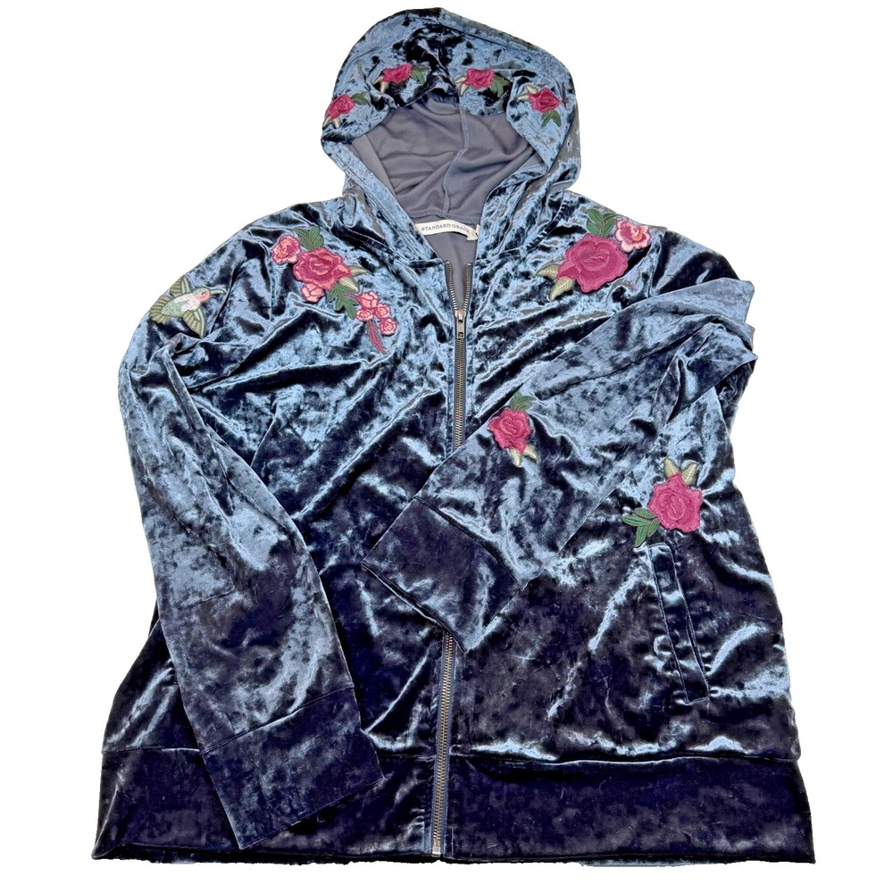 Standard Grace Full‎ Zip Hoodie Women's XL Grey Embroidered Floral Flowers Used